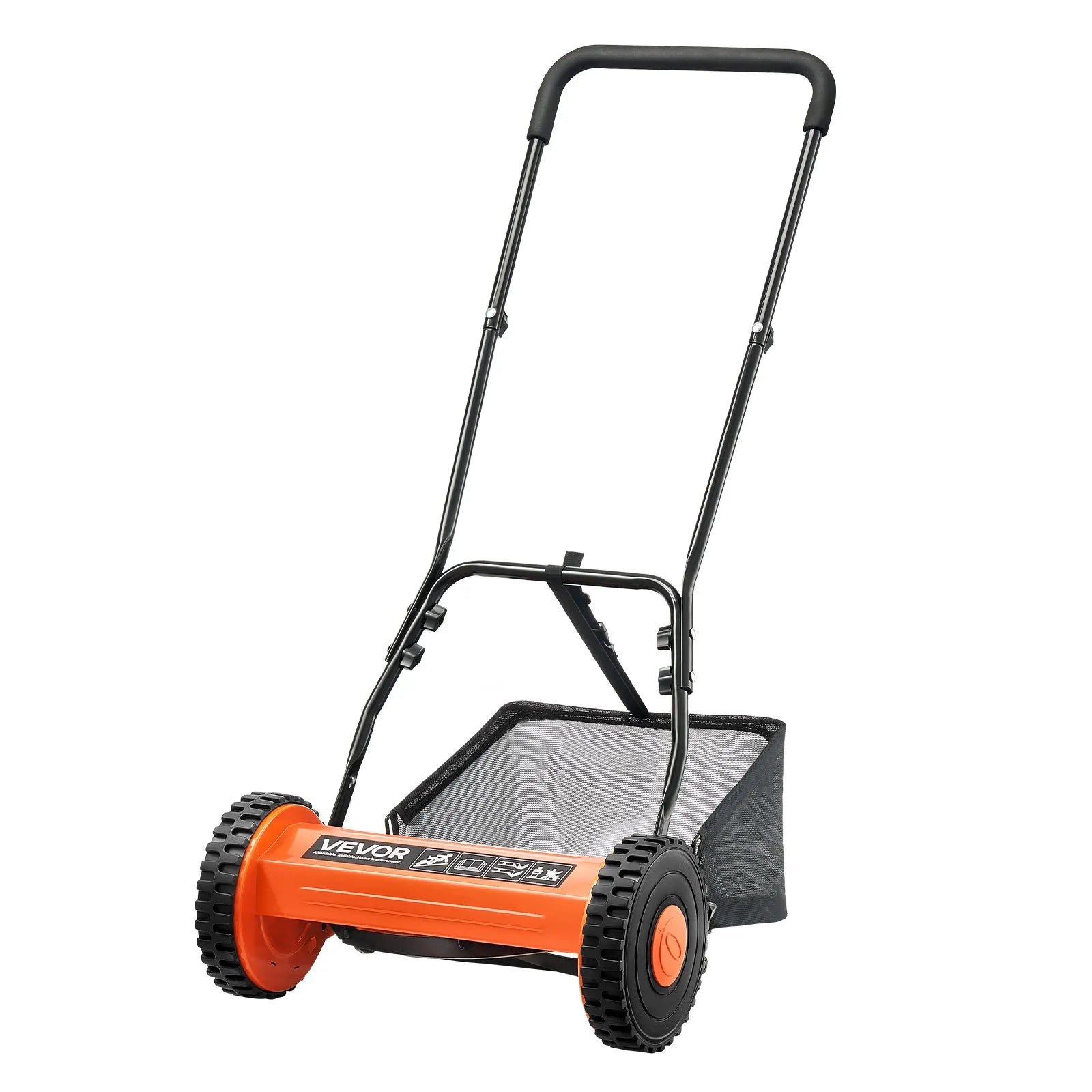 VEVOR Mehāniskais stumjamais zāles pļāvējs 40 cm ar 5 asmeņiem, bez motora, regulējams pļaušanas augstums 15–45 mm, ar zāles savācējgrozu, piemērots zālieniem, piebraucamajiem ceļiem un pagalmiem