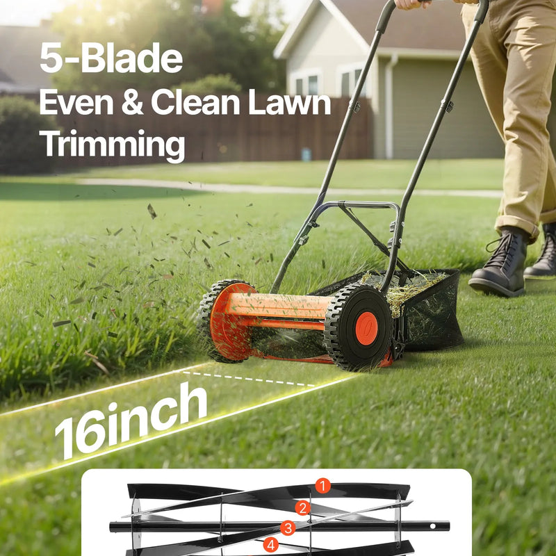 VEVOR Mehāniskais stumjamais zāles pļāvējs 40 cm ar 5 asmeņiem, bez motora, regulējams pļaušanas augstums 15–45 mm, ar zāles savācējgrozu, piemērots zālieniem, piebraucamajiem ceļiem un pagalmiem