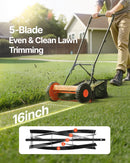 VEVOR Mehāniskais stumjamais zāles pļāvējs 40 cm ar 5 asmeņiem, bez motora, regulējams pļaušanas augstums 15–45 mm, ar zāles savācējgrozu, piemērots zālieniem, piebraucamajiem ceļiem un pagalmiem