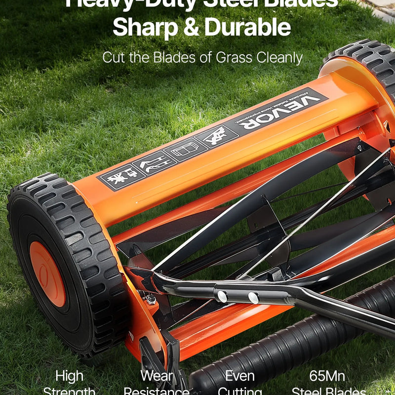 VEVOR Mehāniskais stumjamais zāles pļāvējs 40 cm ar 5 asmeņiem, bez motora, regulējams pļaušanas augstums 15–45 mm, ar zāles savācējgrozu, piemērots zālieniem, piebraucamajiem ceļiem un pagalmiem