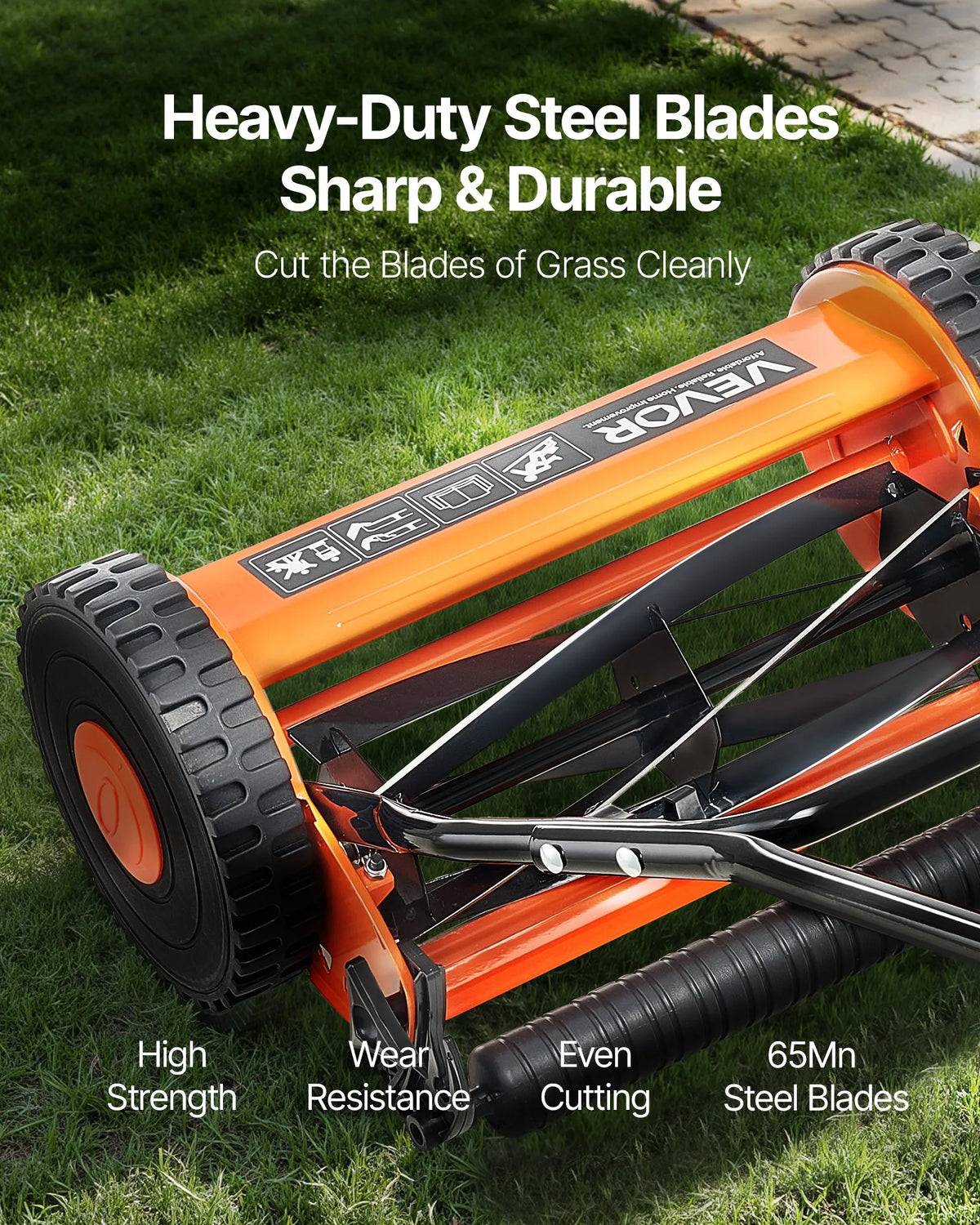 VEVOR Mehāniskais stumjamais zāles pļāvējs 40 cm ar 5 asmeņiem, bez motora, regulējams pļaušanas augstums 15–45 mm, ar zāles savācējgrozu, piemērots zālieniem, piebraucamajiem ceļiem un pagalmiem