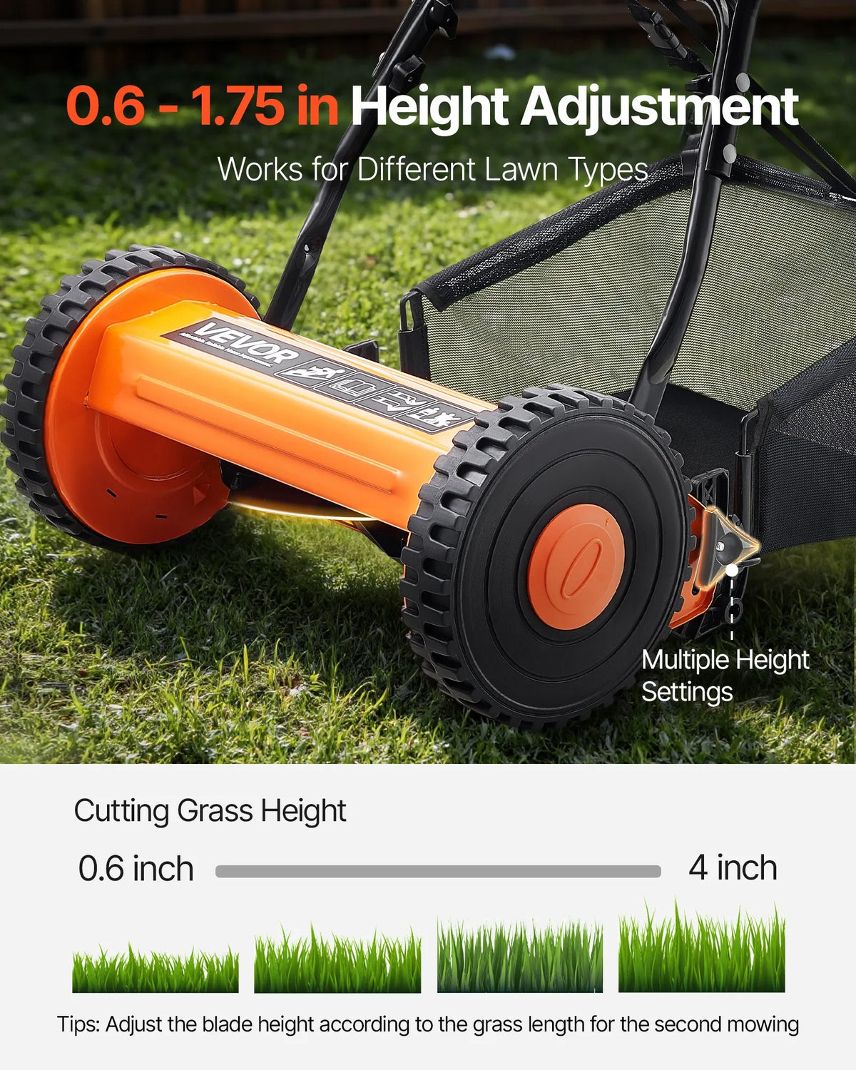VEVOR Mehāniskais stumjamais zāles pļāvējs 40 cm ar 5 asmeņiem, bez motora, regulējams pļaušanas augstums 15–45 mm, ar zāles savācējgrozu, piemērots zālieniem, piebraucamajiem ceļiem un pagalmiem