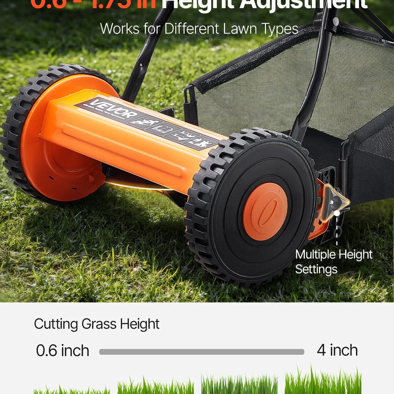 VEVOR Mehāniskais stumjamais zāles pļāvējs 40 cm ar 5 asmeņiem, bez motora, regulējams pļaušanas augstums 15–45 mm, ar zāles savācējgrozu, piemērots zālieniem, piebraucamajiem ceļiem un pagalmiem