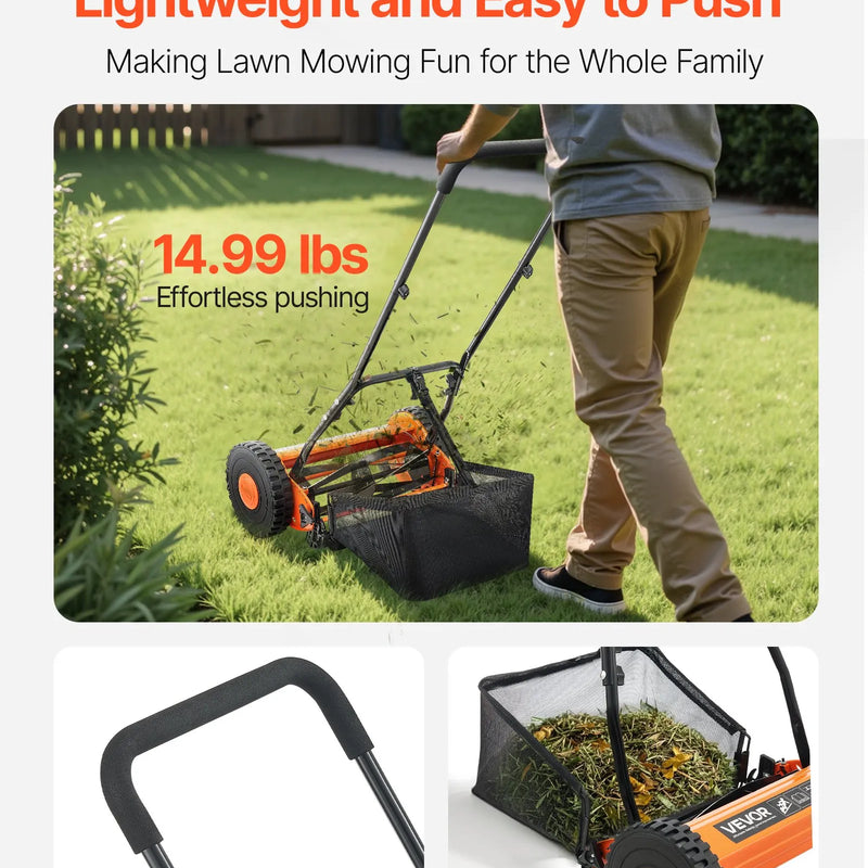 VEVOR Mehāniskais stumjamais zāles pļāvējs 40 cm ar 5 asmeņiem, bez motora, regulējams pļaušanas augstums 15–45 mm, ar zāles savācējgrozu, piemērots zālieniem, piebraucamajiem ceļiem un pagalmiem