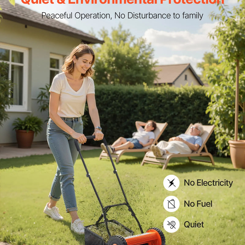 VEVOR Mehāniskais stumjamais zāles pļāvējs 40 cm ar 5 asmeņiem, bez motora, regulējams pļaušanas augstums 15–45 mm, ar zāles savācējgrozu, piemērots zālieniem, piebraucamajiem ceļiem un pagalmiem