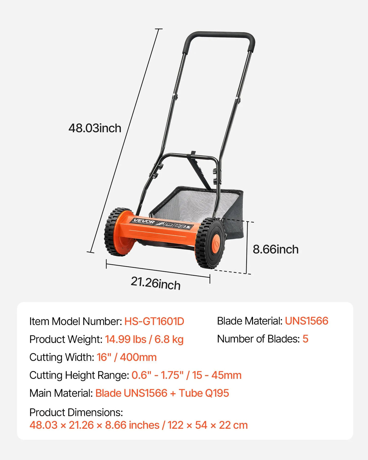 VEVOR Mehāniskais stumjamais zāles pļāvējs 40 cm ar 5 asmeņiem, bez motora, regulējams pļaušanas augstums 15–45 mm, ar zāles savācējgrozu, piemērots zālieniem, piebraucamajiem ceļiem un pagalmiem