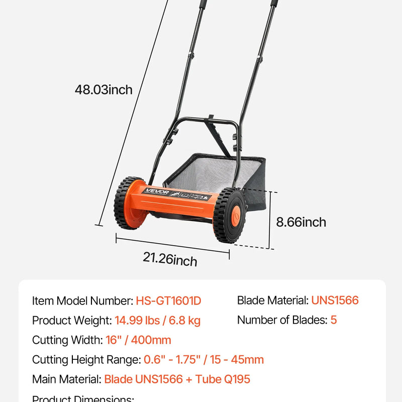 VEVOR Mehāniskais stumjamais zāles pļāvējs 40 cm ar 5 asmeņiem, bez motora, regulējams pļaušanas augstums 15–45 mm, ar zāles savācējgrozu, piemērots zālieniem, piebraucamajiem ceļiem un pagalmiem