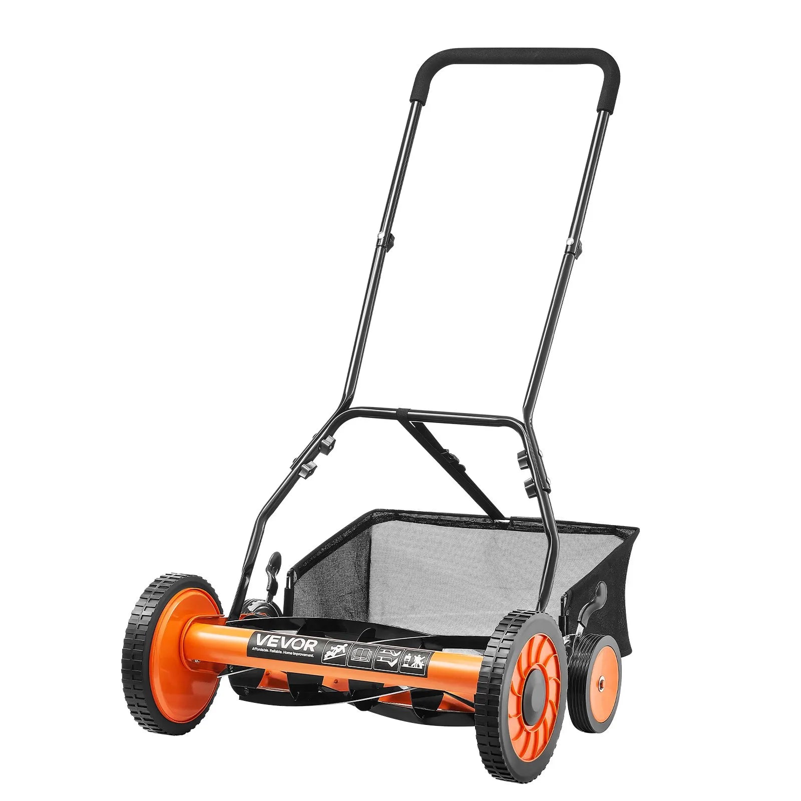 VEVOR manuālais stumjamais ruļļa zāles pļāvējs 45 cm, 5 asmeņi, bez motora, regulējams pļaušanas augstums 35–62 mm, zāles pļāvējs ar zāles savākšanas maisu zālieniem, piebraucamajiem ceļiem un pagalmiem