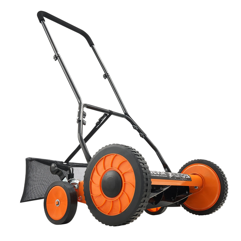 VEVOR manuālais stumjamais ruļļa zāles pļāvējs 45 cm, 5 asmeņi, bez motora, regulējams pļaušanas augstums 35–62 mm, zāles pļāvējs ar zāles savākšanas maisu zālieniem, piebraucamajiem ceļiem un pagalmiem
