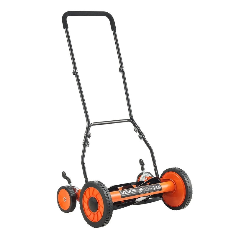 VEVOR manuālais stumjamais ruļļa zāles pļāvējs 45 cm, 5 asmeņi, bez motora, regulējams pļaušanas augstums 35–62 mm, zāles pļāvējs ar zāles savākšanas maisu zālieniem, piebraucamajiem ceļiem un pagalmiem