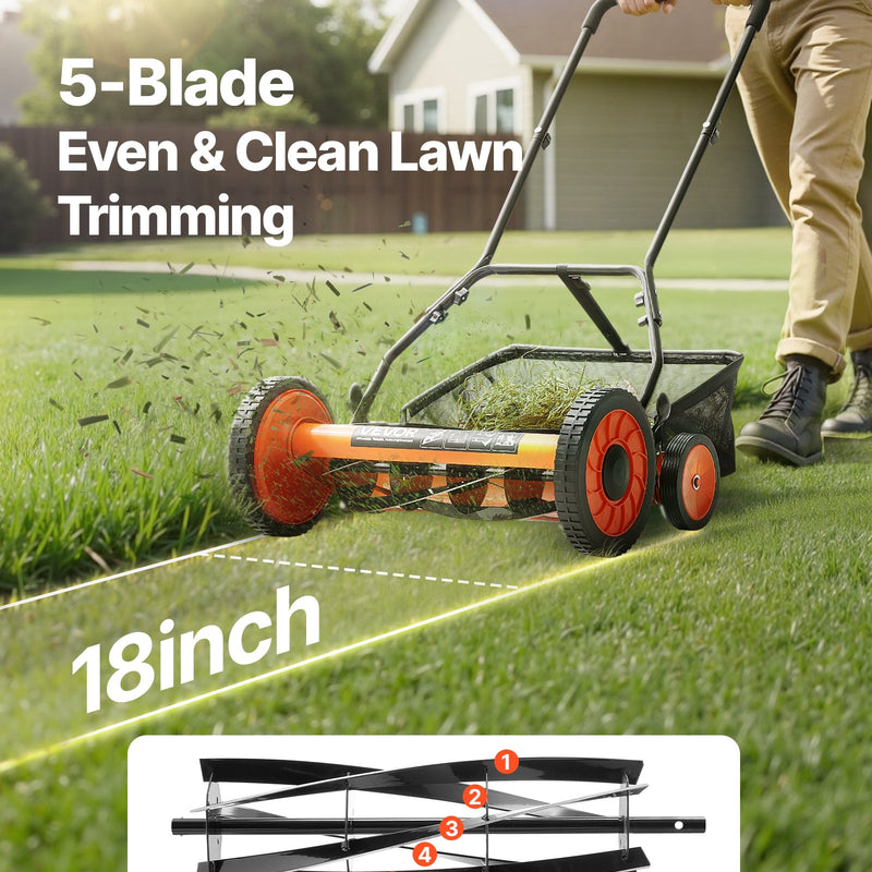 VEVOR manuālais stumjamais ruļļa zāles pļāvējs 45 cm, 5 asmeņi, bez motora, regulējams pļaušanas augstums 35–62 mm, zāles pļāvējs ar zāles savākšanas maisu zālieniem, piebraucamajiem ceļiem un pagalmiem