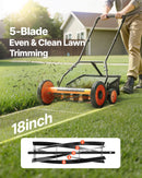 VEVOR manuālais stumjamais ruļļa zāles pļāvējs 45 cm, 5 asmeņi, bez motora, regulējams pļaušanas augstums 35–62 mm, zāles pļāvējs ar zāles savākšanas maisu zālieniem, piebraucamajiem ceļiem un pagalmiem