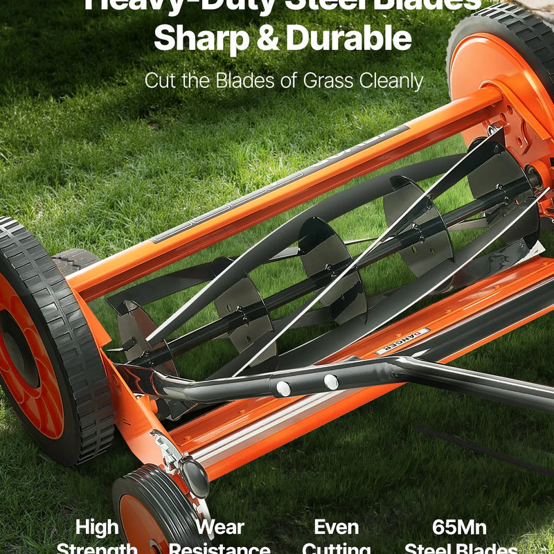 VEVOR manuālais stumjamais ruļļa zāles pļāvējs 45 cm, 5 asmeņi, bez motora, regulējams pļaušanas augstums 35–62 mm, zāles pļāvējs ar zāles savākšanas maisu zālieniem, piebraucamajiem ceļiem un pagalmiem