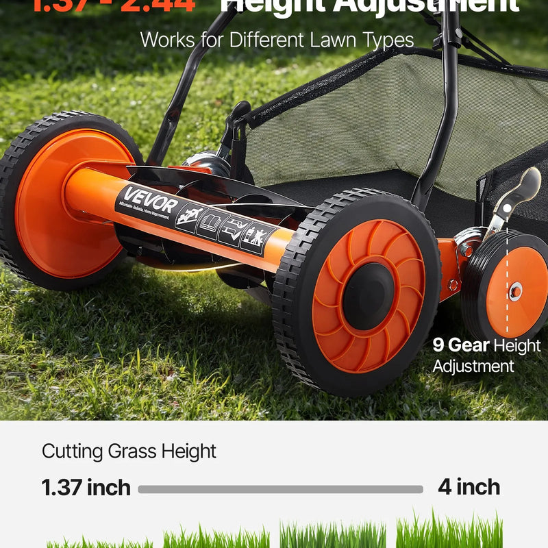 VEVOR manuālais stumjamais ruļļa zāles pļāvējs 45 cm, 5 asmeņi, bez motora, regulējams pļaušanas augstums 35–62 mm, zāles pļāvējs ar zāles savākšanas maisu zālieniem, piebraucamajiem ceļiem un pagalmiem