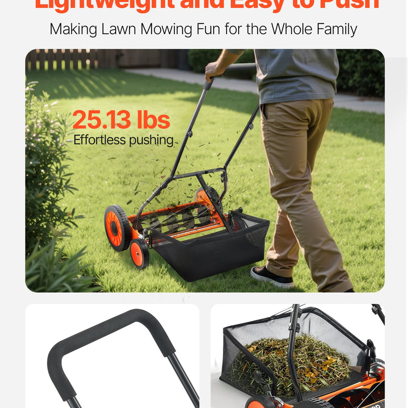 VEVOR manuālais stumjamais ruļļa zāles pļāvējs 45 cm, 5 asmeņi, bez motora, regulējams pļaušanas augstums 35–62 mm, zāles pļāvējs ar zāles savākšanas maisu zālieniem, piebraucamajiem ceļiem un pagalmiem