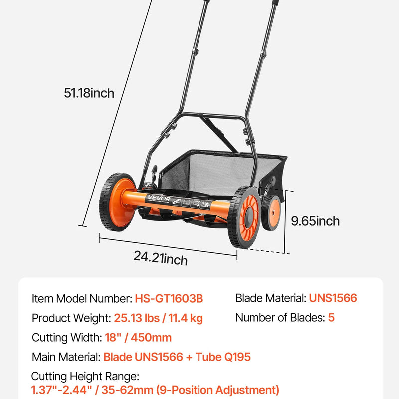 VEVOR manuālais stumjamais ruļļa zāles pļāvējs 45 cm, 5 asmeņi, bez motora, regulējams pļaušanas augstums 35–62 mm, zāles pļāvējs ar zāles savākšanas maisu zālieniem, piebraucamajiem ceļiem un pagalmiem