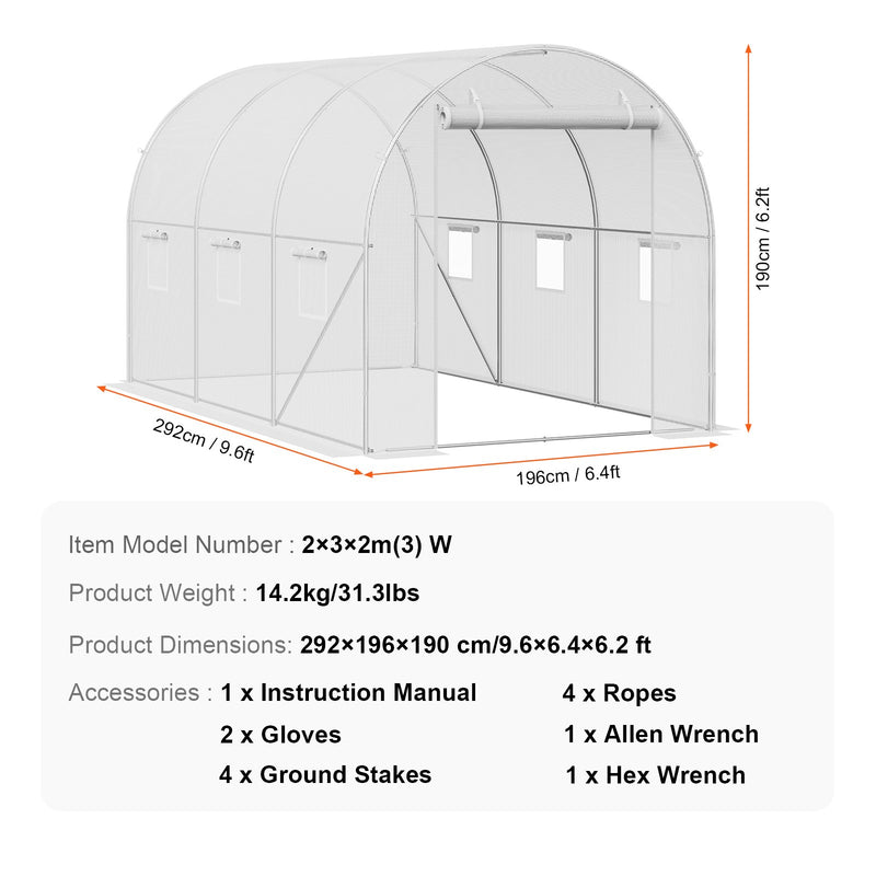 Pieejams 10 dienu laikā! VEVOR pārnēsājama augu siltumnīca 2,92 x 1,96 x 1,90 m, galvanizēts rāmis, PE pārklājums, balta