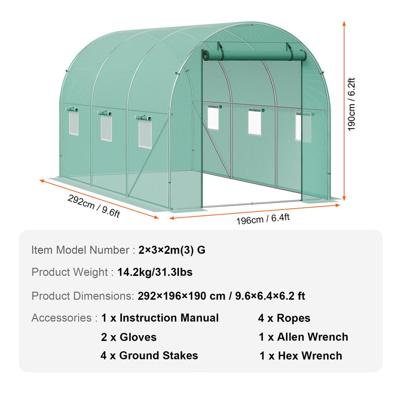 Pieejams 10 dienu laikā! VEVOR pārnēsājama augu siltumnīca 2,92 x 1,96 x 1,90 m, galvanizēts rāmis, PE pārklājums, zaļa