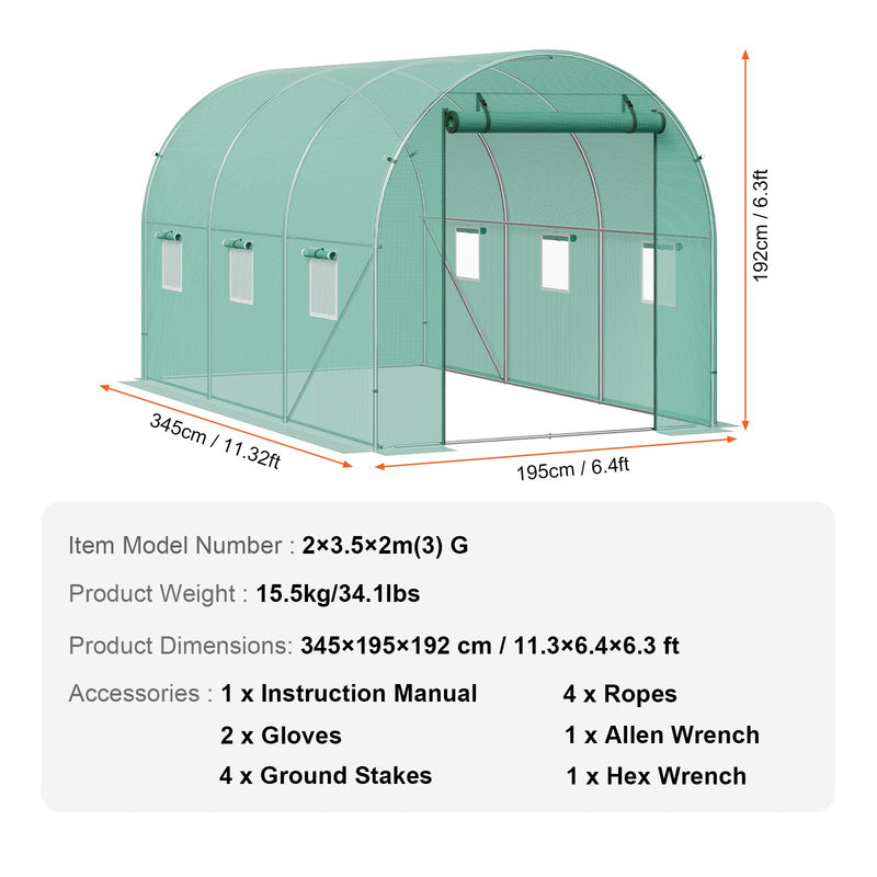 VEVOR pārnēsājama augu siltumnīca 3,45 x 1,95 x 1,92 m, galvanizēts rāmis, PE pārklājums, zaļa