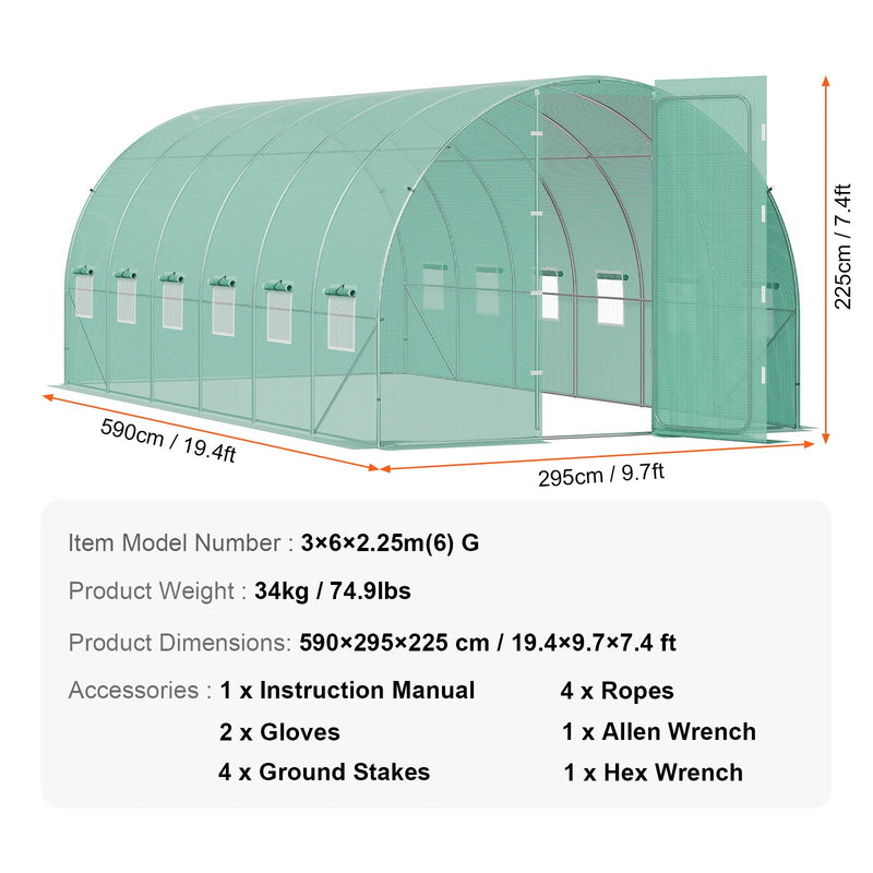 Pieejams 10dienu laikā! VEVOR pārnēsājama augu siltumnīca 5,90x2,95x2,25 m, galvanizēts rāmis, PE pārklājums, zaļa