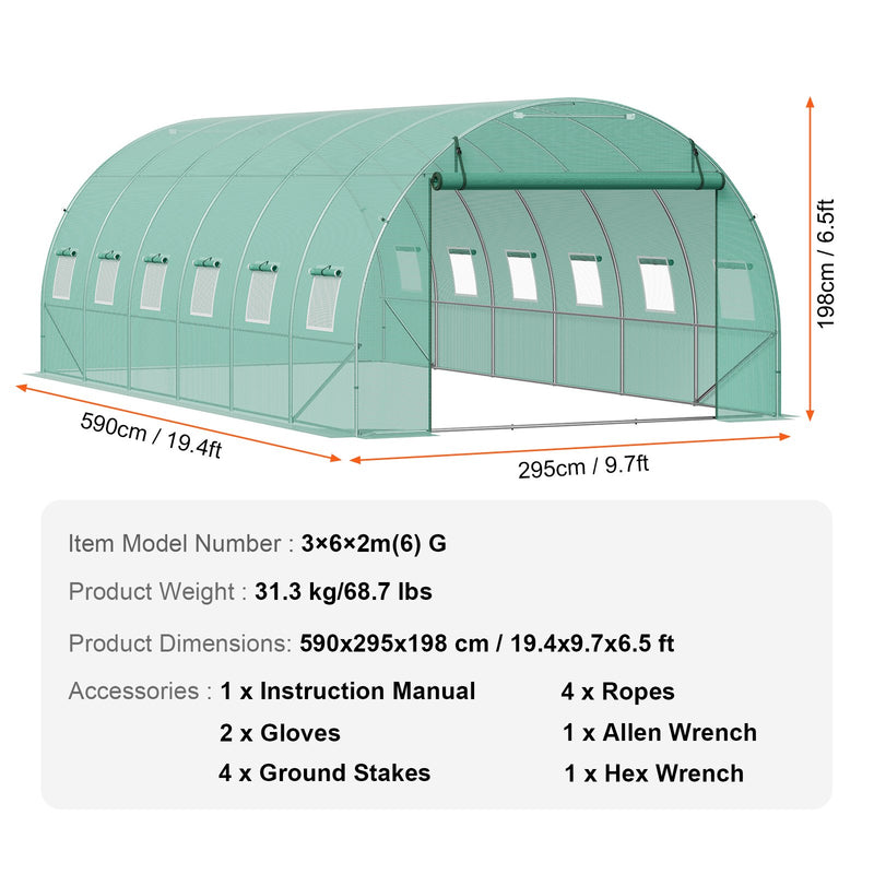 Pieejams 10 dienu laikā! VEVOR pārnēsājama augu siltumnīca 5,89x2,95x1,98 m, galvanizēts rāmis, PE pārklājums, zaļa