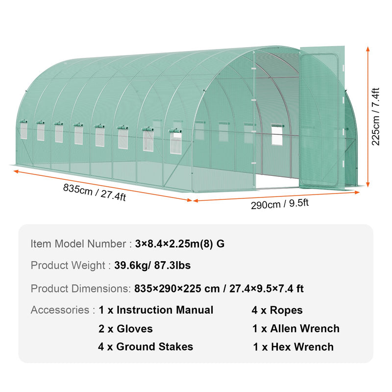 Pieejams 10 dienu laikā! VEVOR pārnēsājama augu siltumnīca 8,34 x 2,9 x 2,25 m, galvanizēts rāmis, PE pārklājums, zaļa