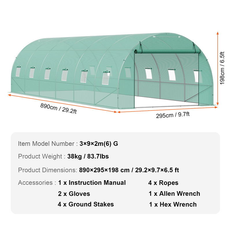 VEVOR pārnēsājama augu siltumnīca 8,90x2,95x1,98 m, galvanizēts rāmis, PE pārklājums, zaļa