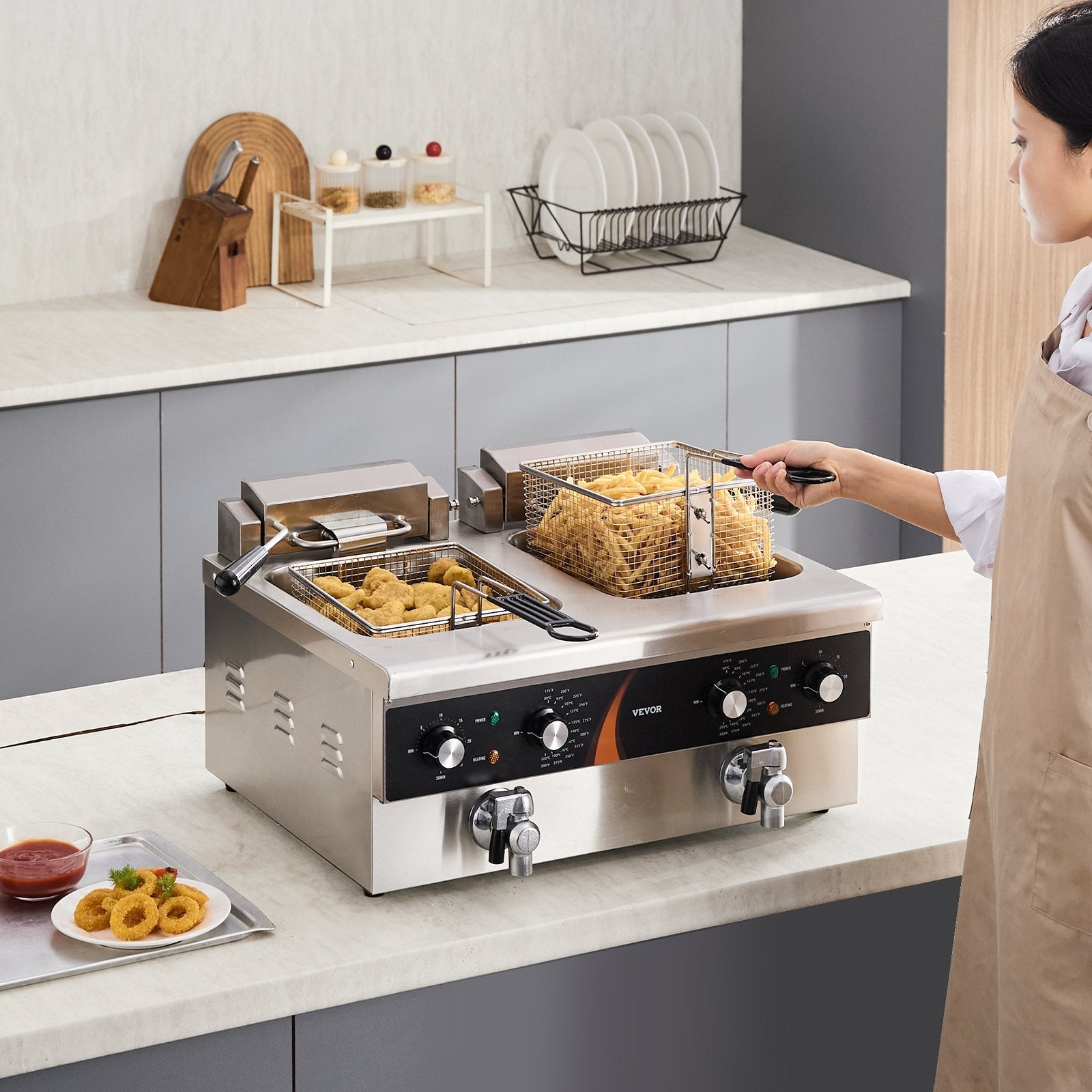Komerciālā elektriskā friteze, 3000 W, dubultā tvertne, 2×8.5 l, galda modelis