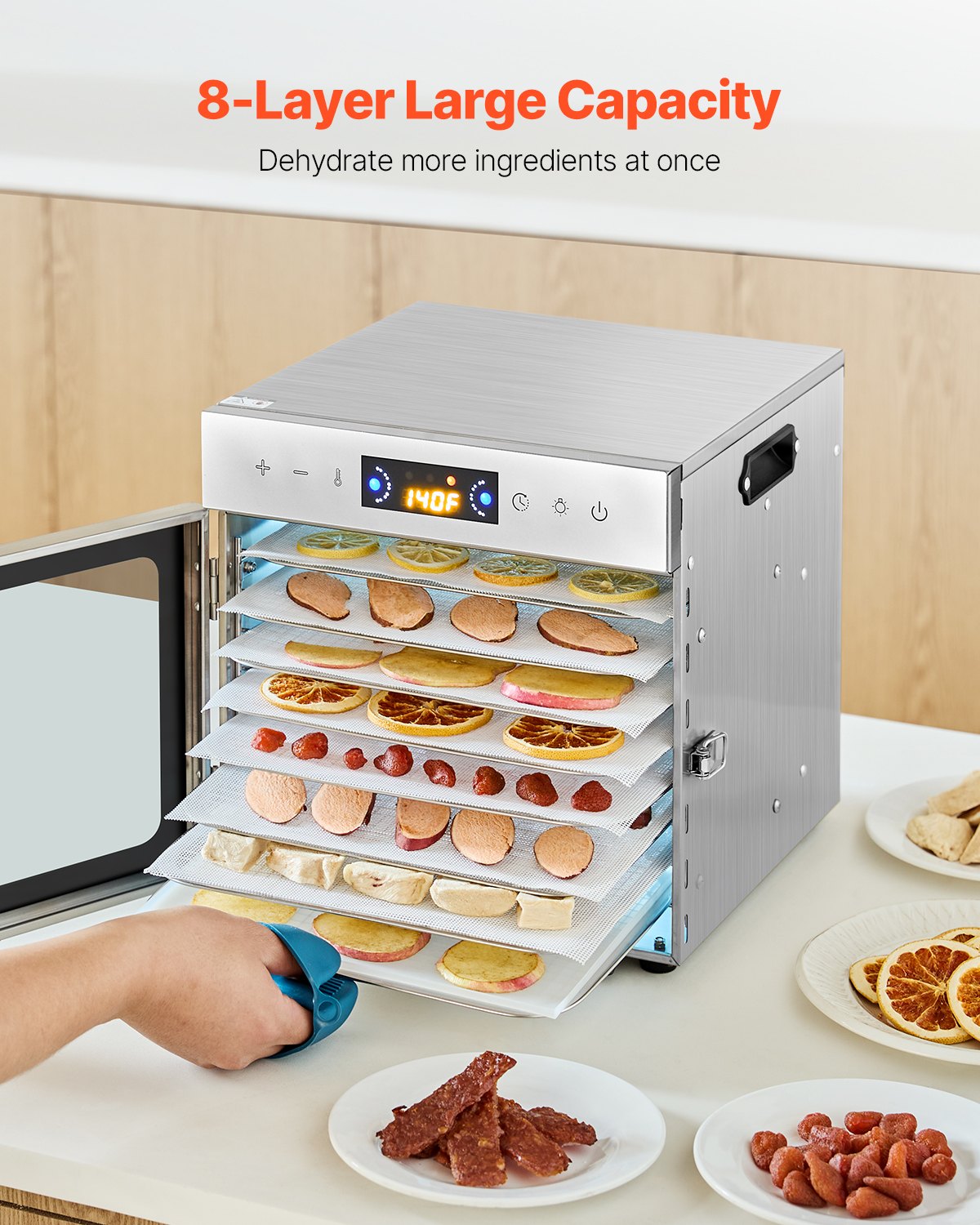 VEVOR pārtikas dehidrators ar 8 paplātēm, 400 W, nerūsējošais tērauds