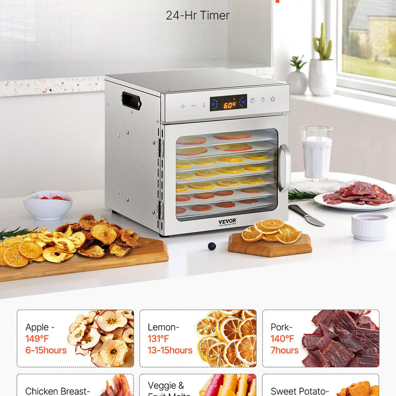 VEVOR pārtikas dehidrators ar 8 paplātēm, 400 W, nerūsējošais tērauds