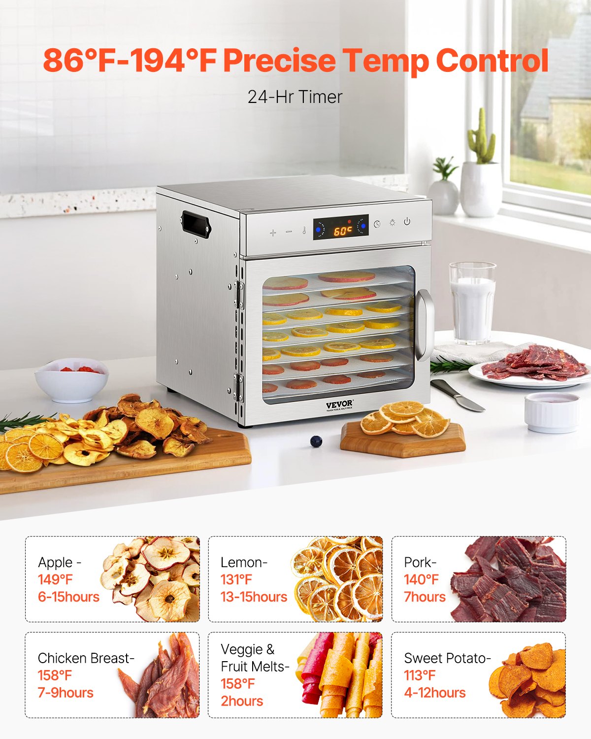 VEVOR pārtikas dehidrators ar 8 paplātēm, 400 W, nerūsējošais tērauds