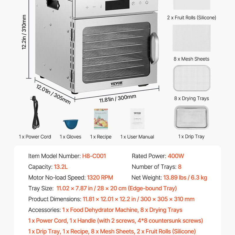 VEVOR pārtikas dehidrators ar 8 paplātēm, 400 W, nerūsējošais tērauds