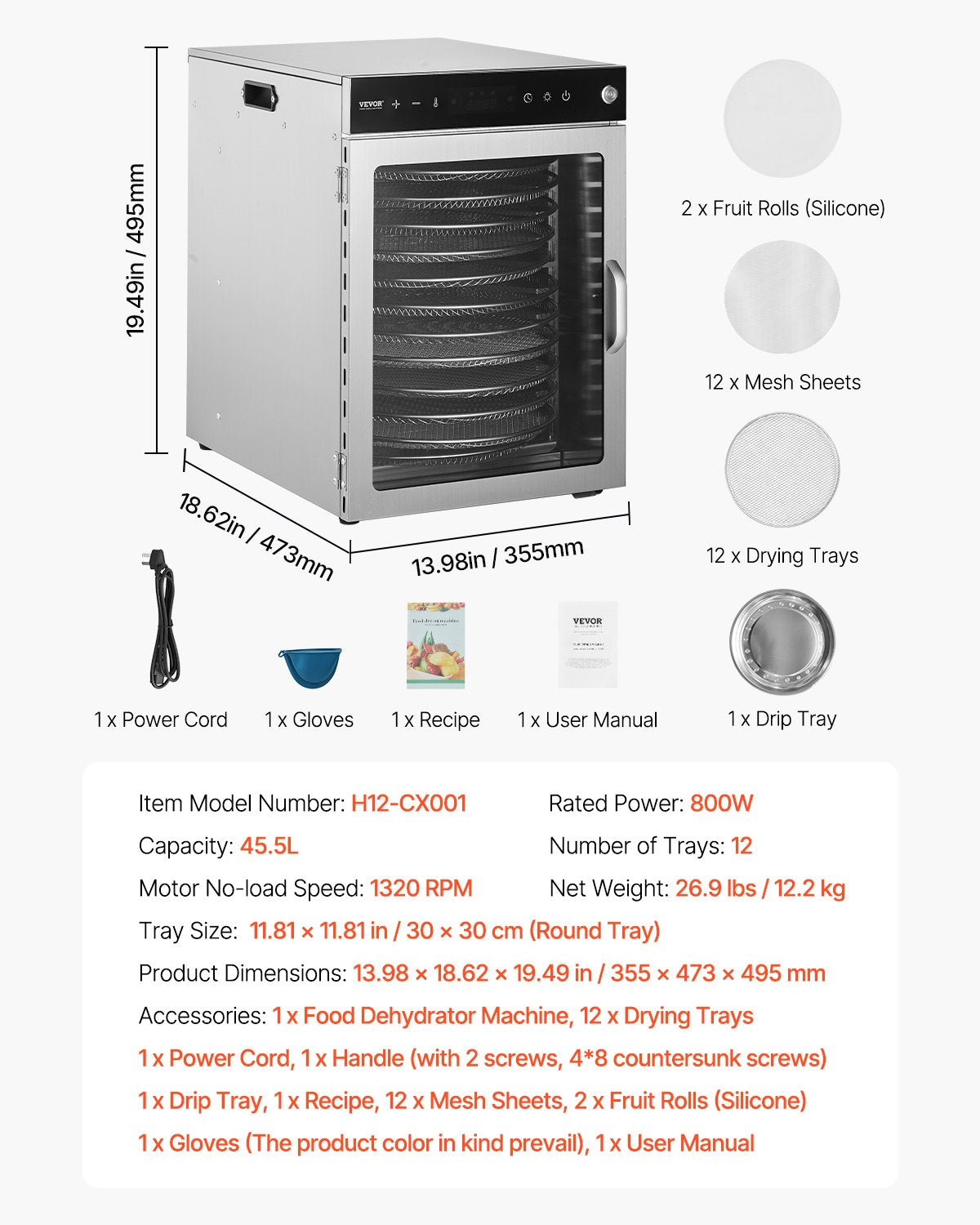 VEVOR 12 trauku rotējošais pārtikas žāvētājs, 800W, nerūsējošais tērauds