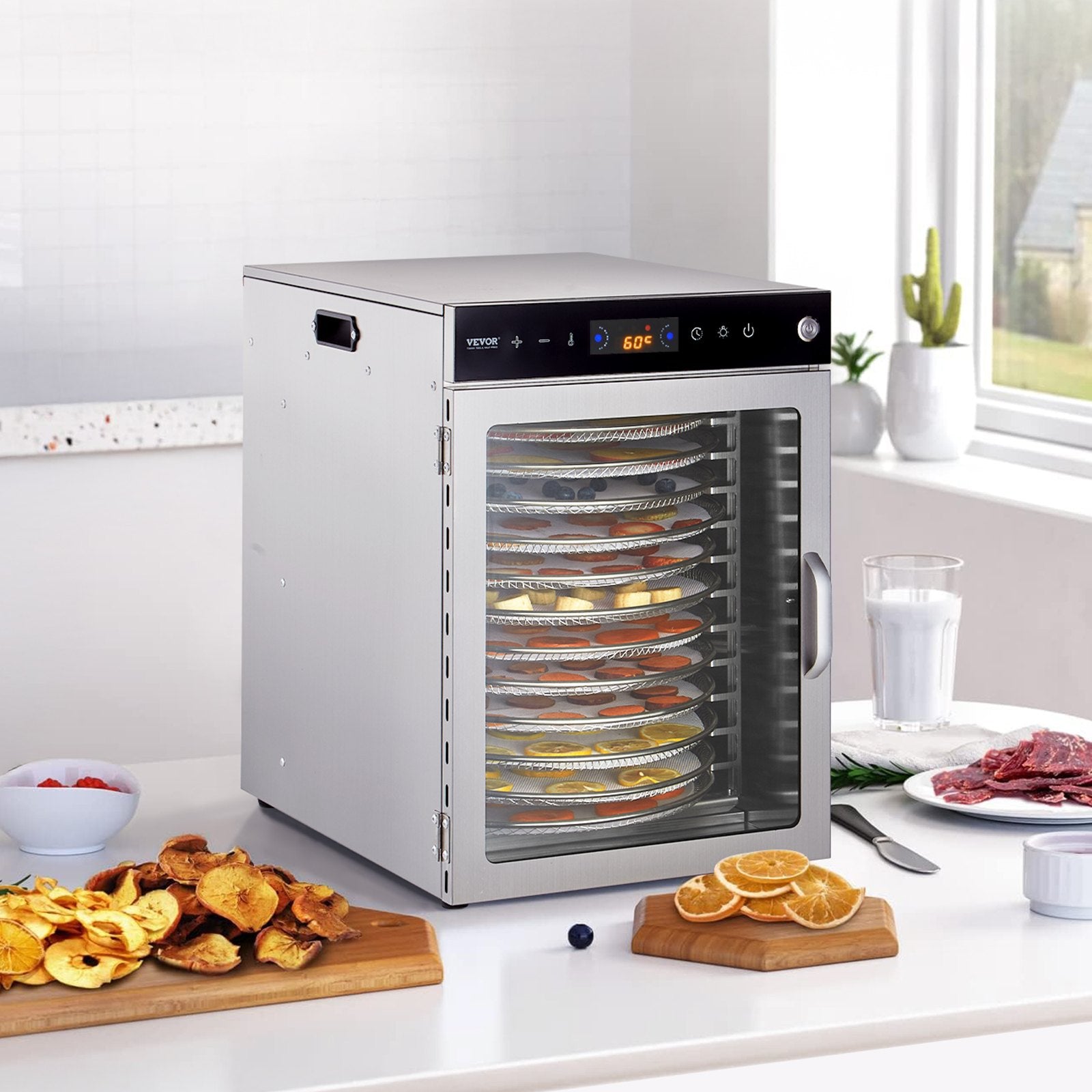 VEVOR 12 trauku rotējošais pārtikas žāvētājs, 800W, nerūsējošais tērauds