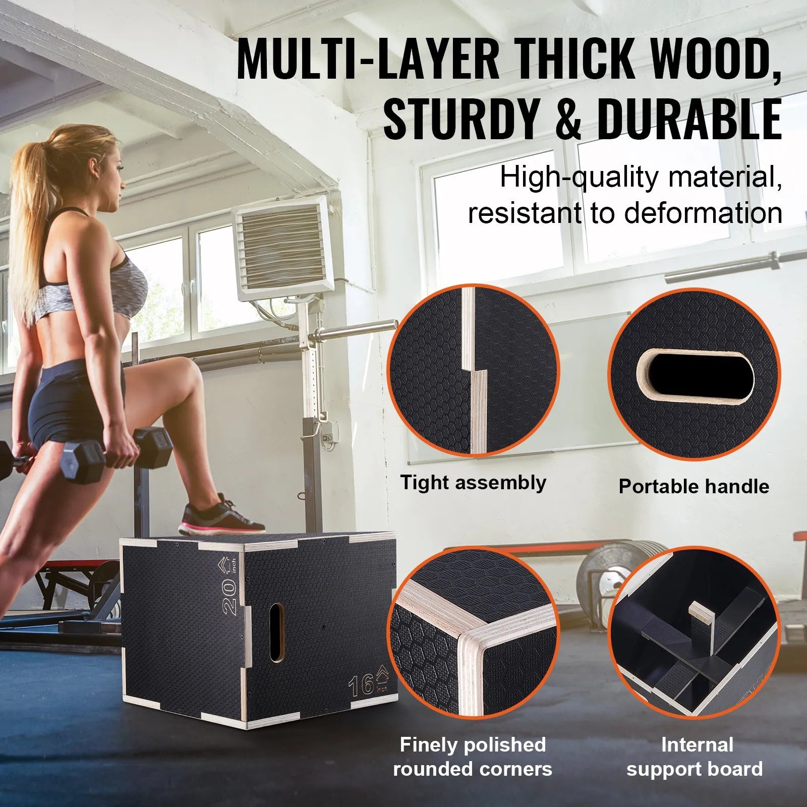 3-in-1 plyometriskā lēcienu kaste 51/46/41 cm, koka neslīdoša platforma mājas treniņiem, melna