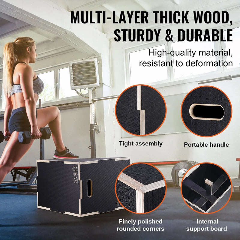 3-in-1 plyometriskā lēcienu kaste 61/51/41 cm, koka neslīdoša platforma mājas treniņiem, melna
