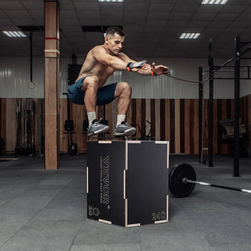 3-in-1 plyometriskā lēcienu kaste 61/51/41 cm, koka neslīdoša platforma mājas treniņiem, melna