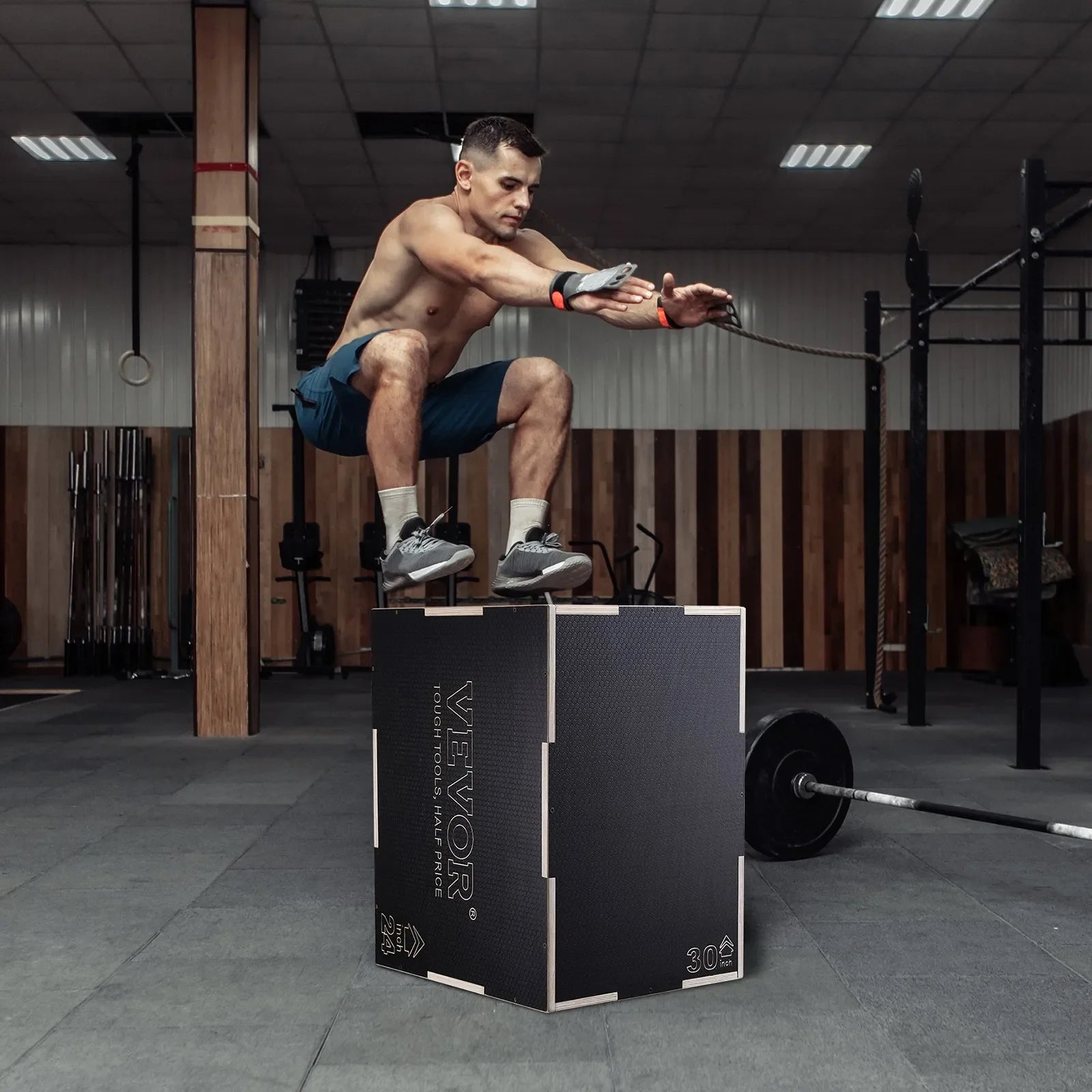 3-in-1 plyometriskā lēcienu kaste 76/61/51 cm, koka neslīdoša platforma mājas treniņiem, melna