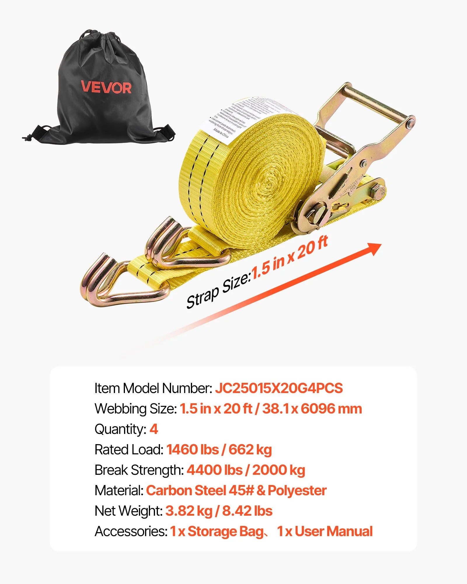 VEVOR sprūdrata stiprinājuma siksnu komplekts, 38,1 mm × 6,1 m, lieljaudas siksnas ar dubultajiem J veida āķiem, pārrāvuma izturība 2000 kg, ar uzglabāšanas somu, kravas nostiprināšanai pārvadāšanā, piekabēs, motocikliem, kajakiem un uz auto jumta, 4 gab.