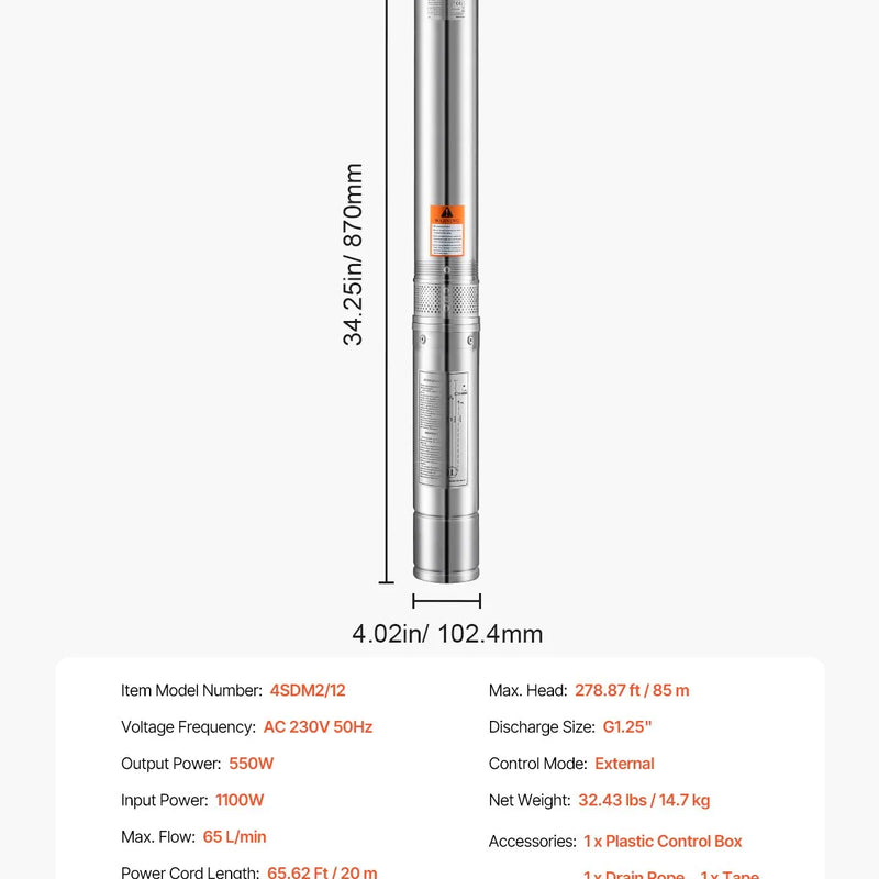 VEVOR dziļurbuma iegremdējamais sūknis 550 W, 230 V, plūsma līdz 65 l/min, pacelšanas augstums līdz 85 m, 20 m kabelis ar ārēju vadības bloku, nerūsējošā tērauda korpuss, IP68, rūpniecībai, apūdeņošanai un mājsaimniecībai