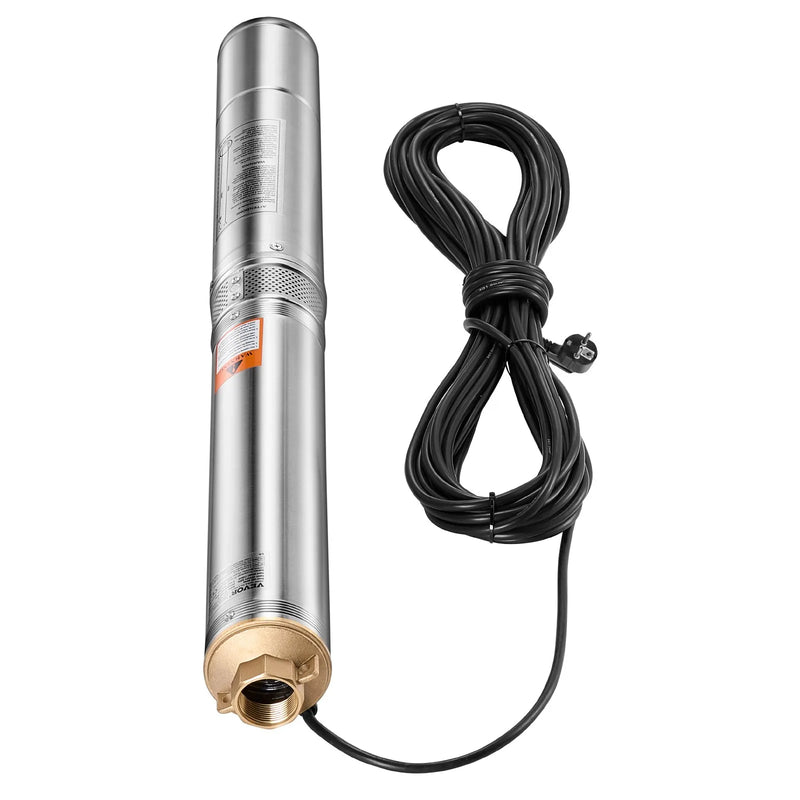 VEVOR dziļurbuma iegremdējamais sūknis, 750 W izejas jauda, 230 V, plūsma 100 l/min, pacēluma augstums 75 m, ar 20 m kabeli, nerūsējošā tērauda ūdens sūknis rūpnieciskai apūdeņošanai un mājas lietošanai, IP68 aizsardzības klase