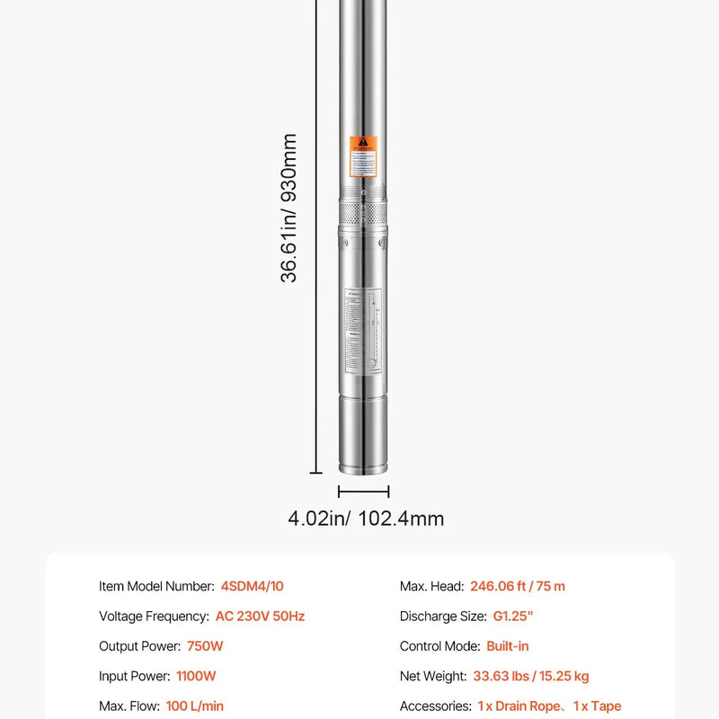 VEVOR dziļurbuma iegremdējamais sūknis, 750 W izejas jauda, 230 V, plūsma 100 l/min, pacēluma augstums 75 m, ar 20 m kabeli, nerūsējošā tērauda ūdens sūknis rūpnieciskai apūdeņošanai un mājas lietošanai, IP68 aizsardzības klase