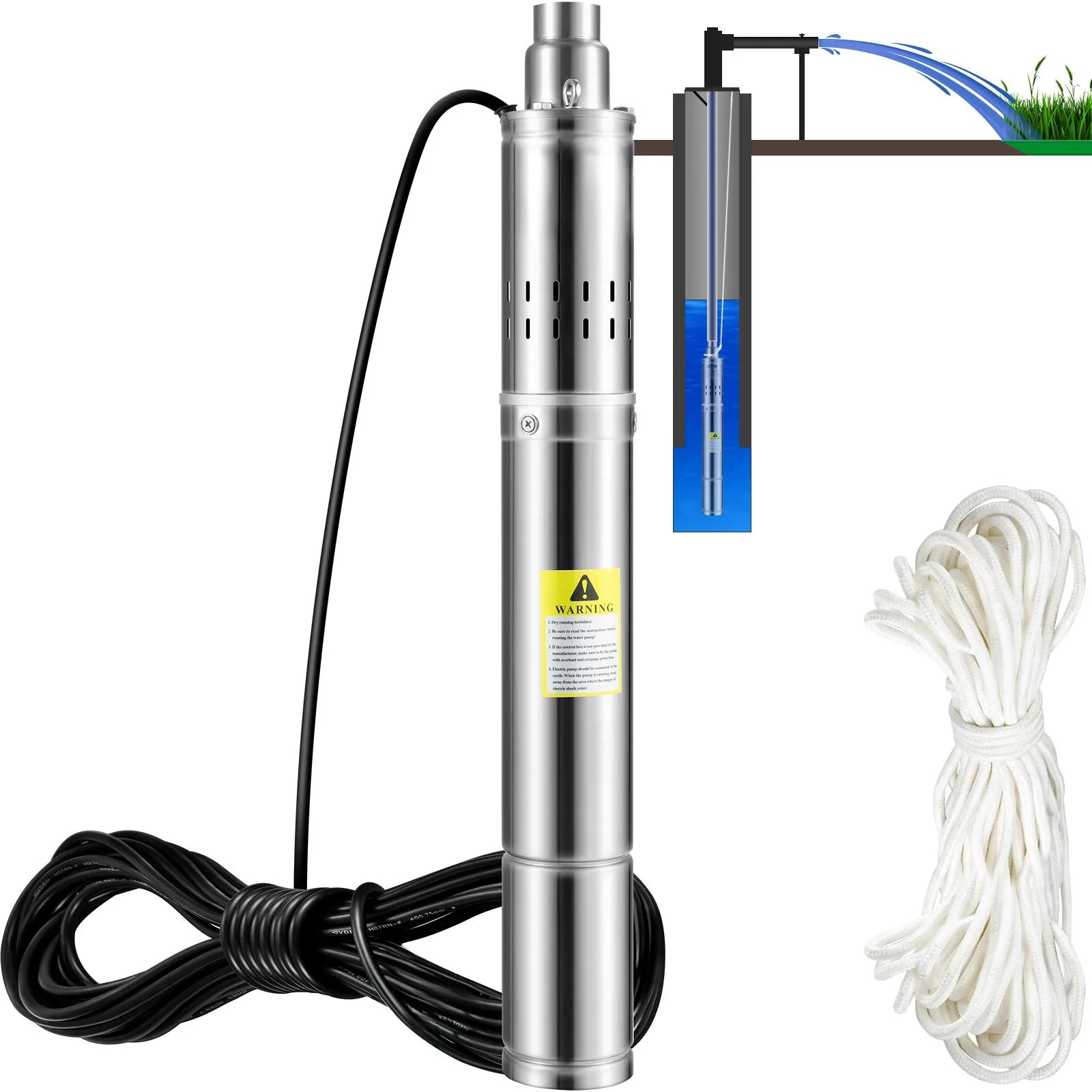VEVOR dziļurbuma iegremdējamais sūknis 550 W, 230 V/50 Hz, plūsma līdz 35 l/min, pacelšanas augstums līdz 108 m, smilšu izturība <5 %, 20 m barošanas kabelis, 7,6 cm nerūsējošā tērauda korpuss, IP68, rūpniecībai, apūdeņošanai un mājai