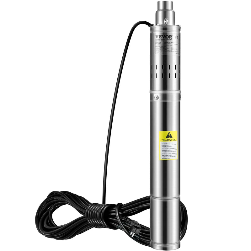 VEVOR dziļurbuma iegremdējamais sūknis 550 W, 230 V/50 Hz, plūsma līdz 35 l/min, pacelšanas augstums līdz 108 m, smilšu izturība <5 %, 20 m barošanas kabelis, 7,6 cm nerūsējošā tērauda korpuss, IP68, rūpniecībai, apūdeņošanai un mājai