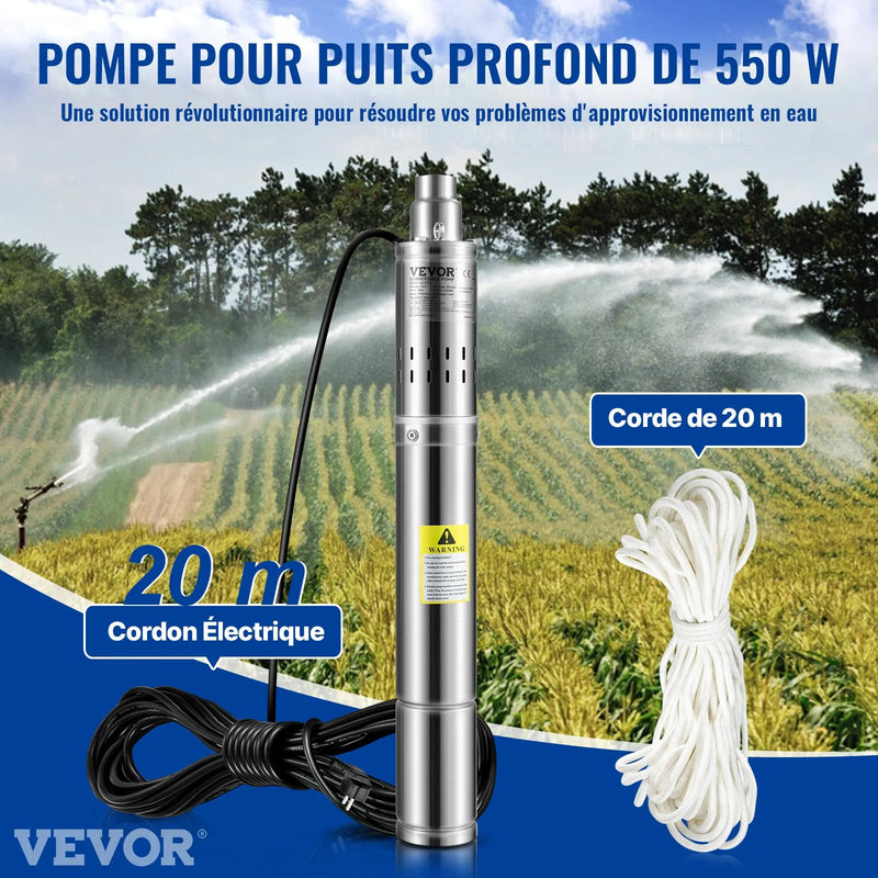 VEVOR dziļurbuma iegremdējamais sūknis 550 W, 230 V/50 Hz, plūsma līdz 35 l/min, pacelšanas augstums līdz 108 m, smilšu izturība <5 %, 20 m barošanas kabelis, 7,6 cm nerūsējošā tērauda korpuss, IP68, rūpniecībai, apūdeņošanai un mājai
