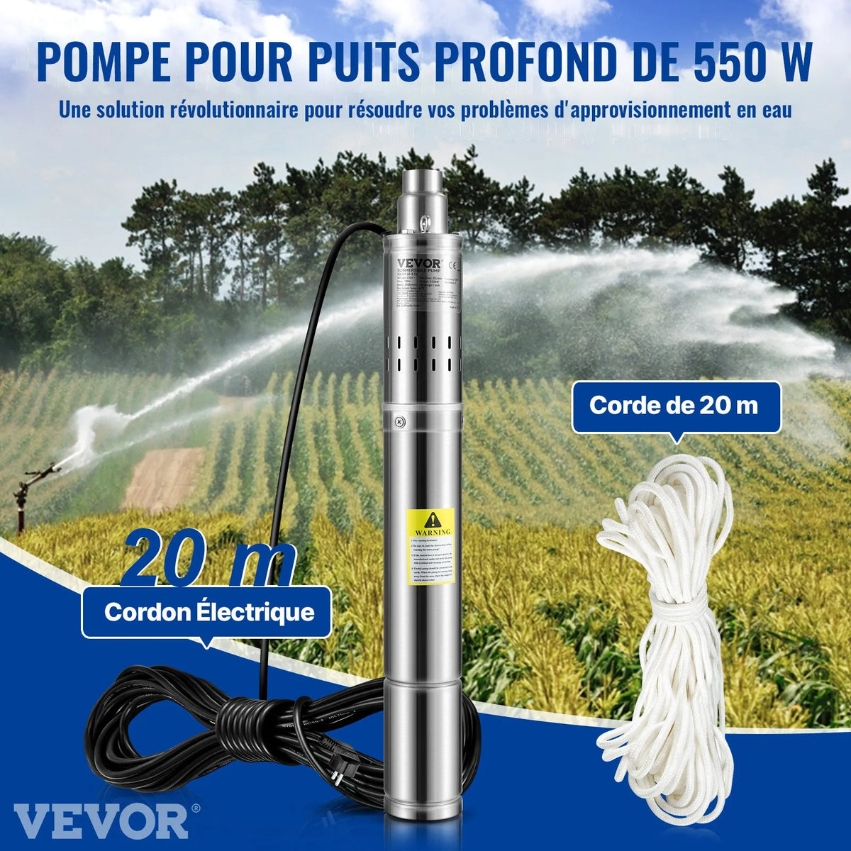 VEVOR dziļurbuma iegremdējamais sūknis 550 W, 230 V/50 Hz, plūsma līdz 35 l/min, pacelšanas augstums līdz 108 m, smilšu izturība <5 %, 20 m barošanas kabelis, 7,6 cm nerūsējošā tērauda korpuss, IP68, rūpniecībai, apūdeņošanai un mājai