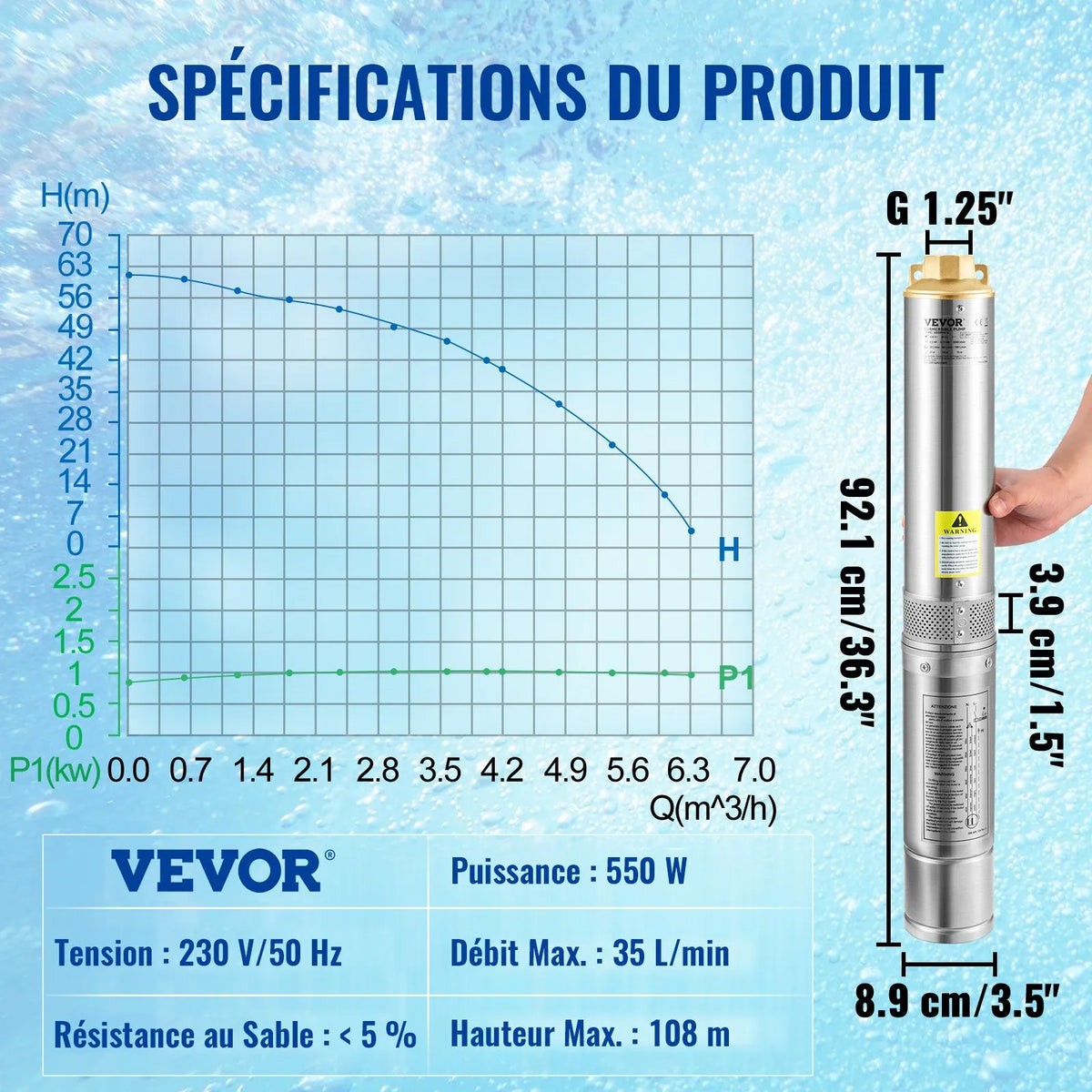 VEVOR dziļurbuma iegremdējamais sūknis 550 W, 230 V/50 Hz, plūsma līdz 35 l/min, pacelšanas augstums līdz 108 m, smilšu izturība <5 %, 20 m barošanas kabelis, 7,6 cm nerūsējošā tērauda korpuss, IP68, rūpniecībai, apūdeņošanai un mājai