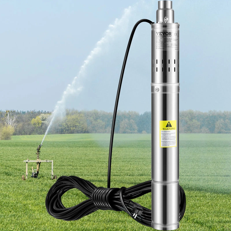 VEVOR dziļurbuma iegremdējamais sūknis 550 W, 230 V/50 Hz, plūsma līdz 35 l/min, pacelšanas augstums līdz 108 m, smilšu izturība <5 %, 20 m barošanas kabelis, 7,6 cm nerūsējošā tērauda korpuss, IP68, rūpniecībai, apūdeņošanai un mājai
