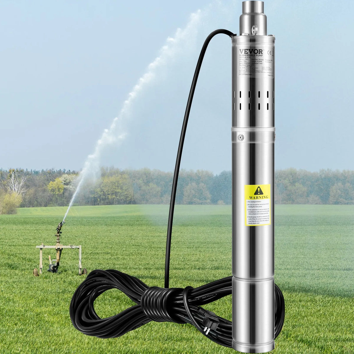 VEVOR dziļurbuma iegremdējamais sūknis 550 W, 230 V/50 Hz, plūsma līdz 35 l/min, pacelšanas augstums līdz 108 m, smilšu izturība <5 %, 20 m barošanas kabelis, 7,6 cm nerūsējošā tērauda korpuss, IP68, rūpniecībai, apūdeņošanai un mājai