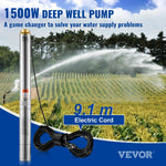 VEVOR dziļurbuma iegremdējamais sūknis 1500 W, 230 V/50 Hz, plūsma līdz 9,8 m³/h, pacelšanas augstums līdz 108 m, 9,1 m elektriskais kabelis, nerūsējošā tērauda korpuss, IP68, rūpniecībai, apūdeņošanai un mājsaimniecībai